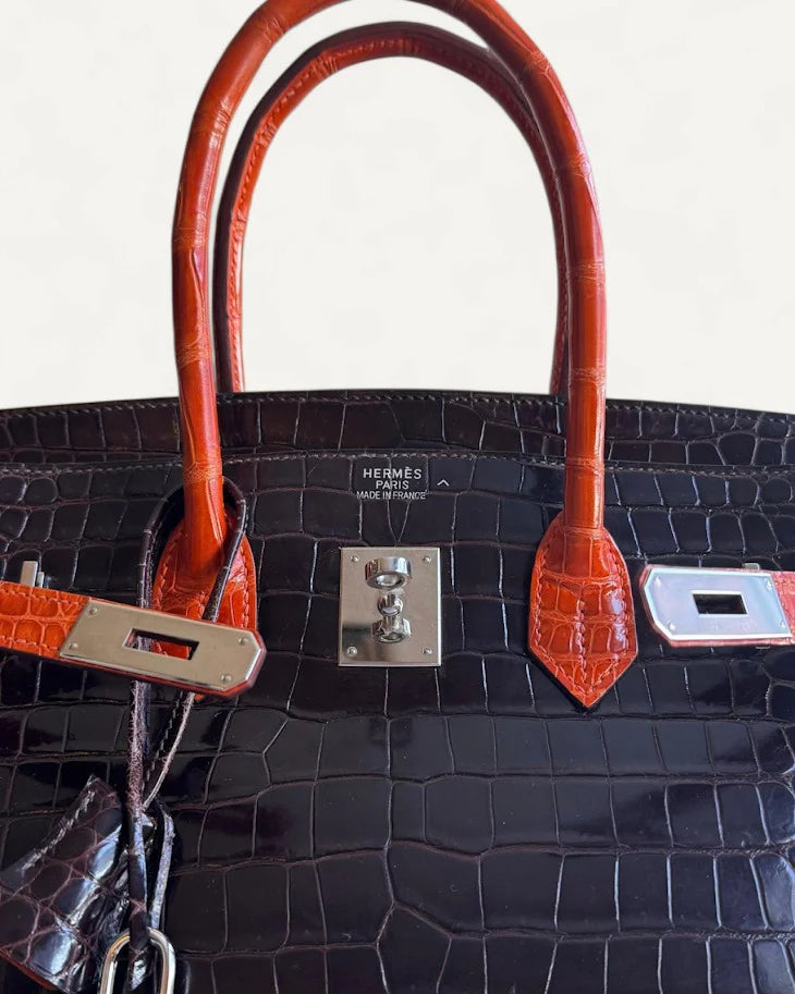 Bolsa Hermés Birkin 35 Croco Shiny Miel Orange com Ferragens Palladium