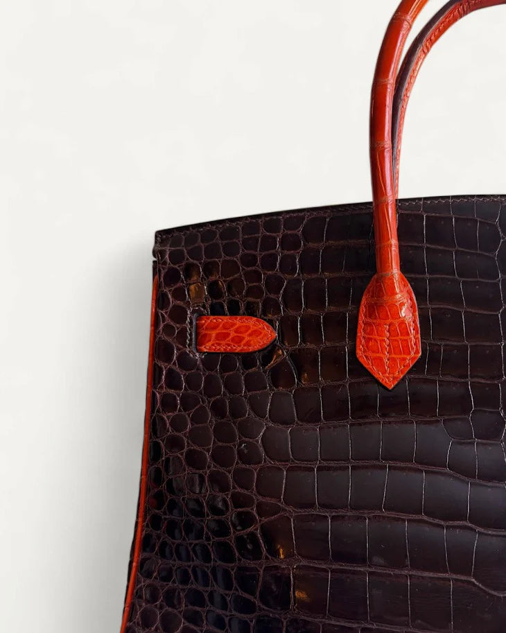 Bolsa Hermés Birkin 35 Croco Shiny Miel Orange com Ferragens Palladium